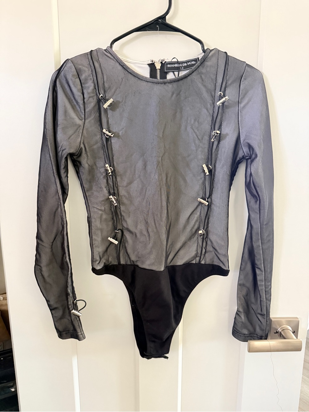 Maniere De Voir Black Sheer Mesh Long-Sleeve Bodysuit with Silver Hardware